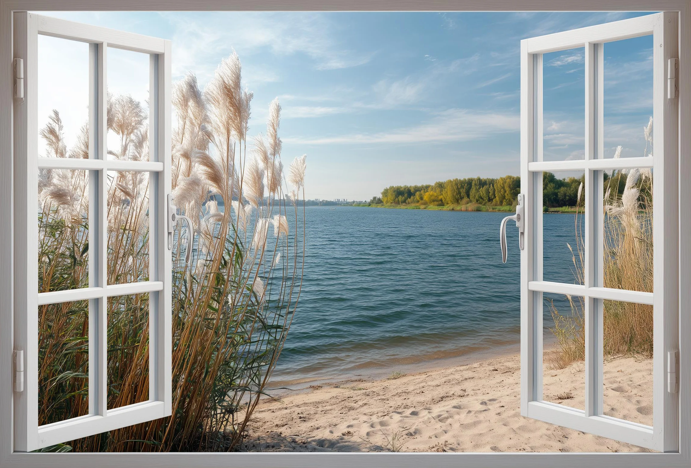 Widok na plażę przez otwarte okna Fioletowy