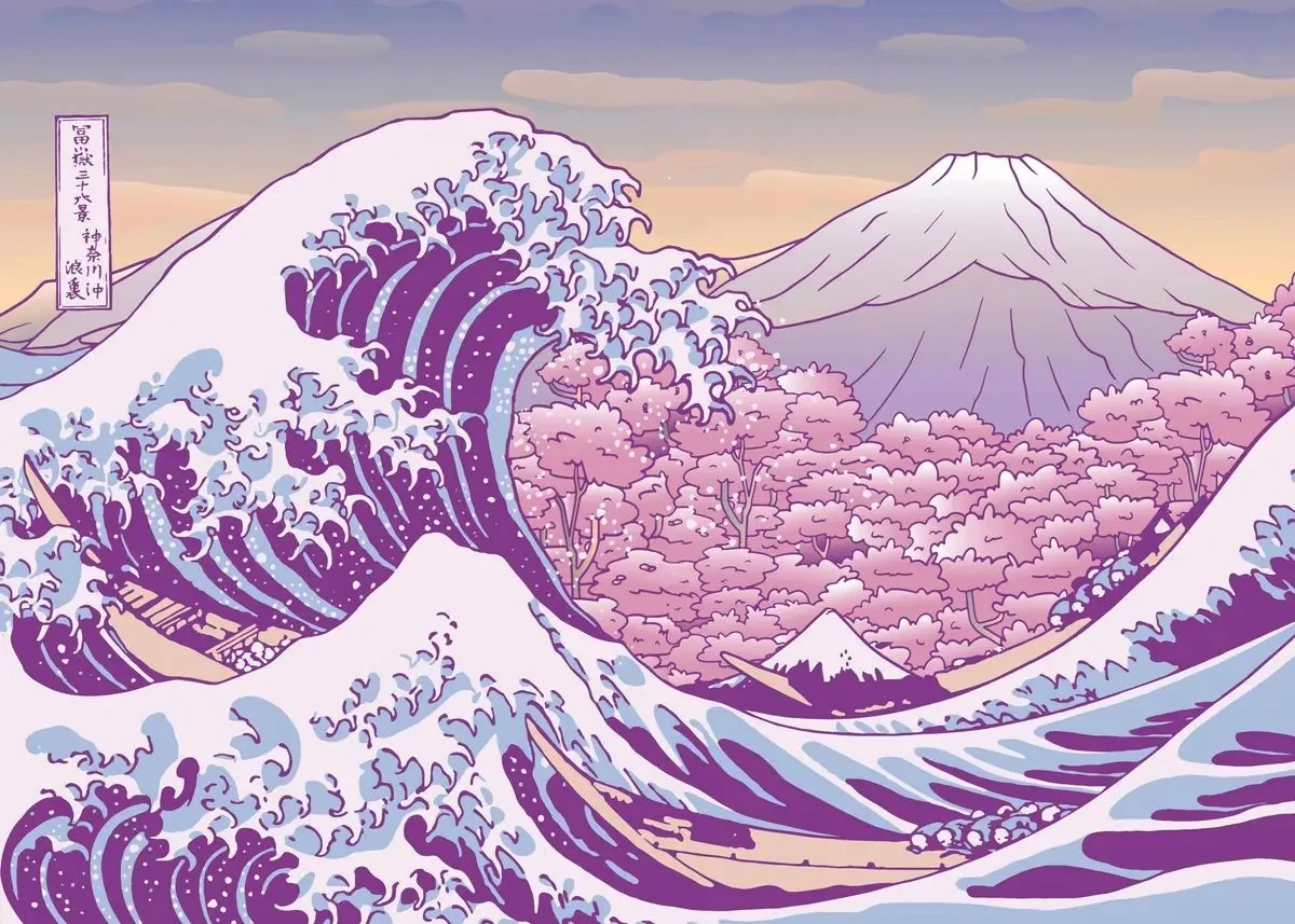 Plakat Wielka Fala Kanagawa kolorowy Granatowy