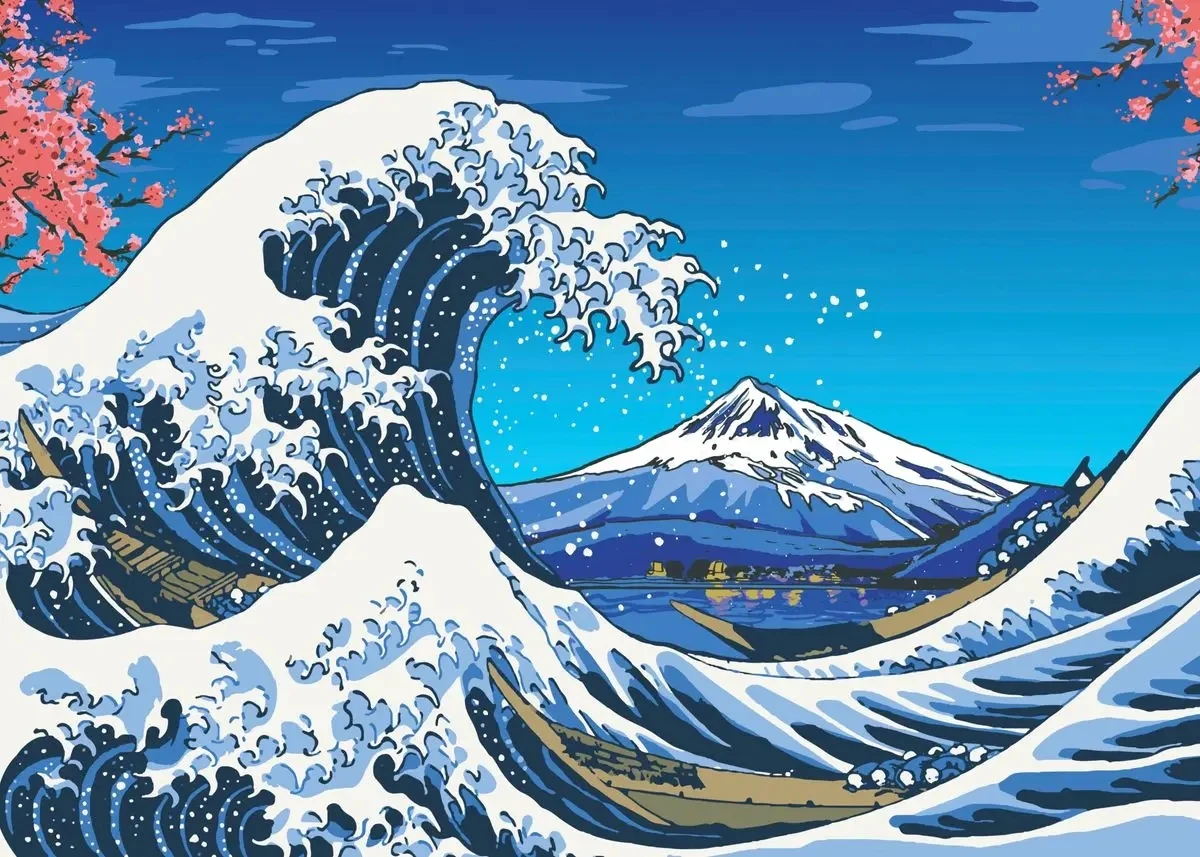 Plakat Wielka Fala Kanagawa kolorowy Jasnoszary