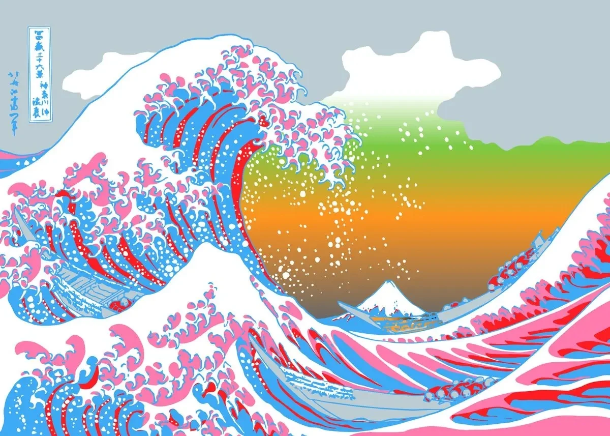 Plakat Wielka Fala Kanagawa kolorowy Niebieski