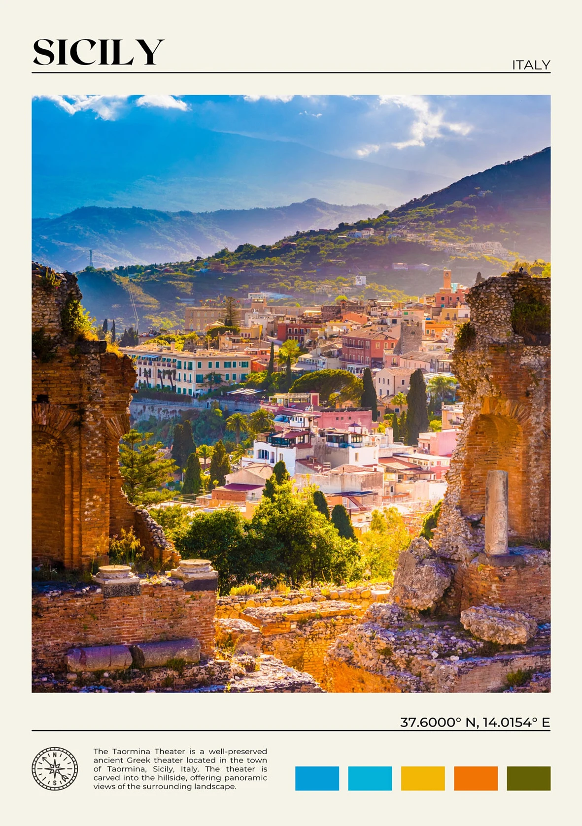 Plakat Włochy - sceneria Como, Sycylii i Portofino Burgundia