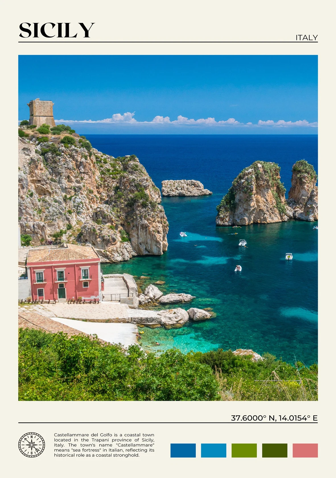 Plakat Włochy - sceneria Como, Sycylii i Portofino Jasnozielony