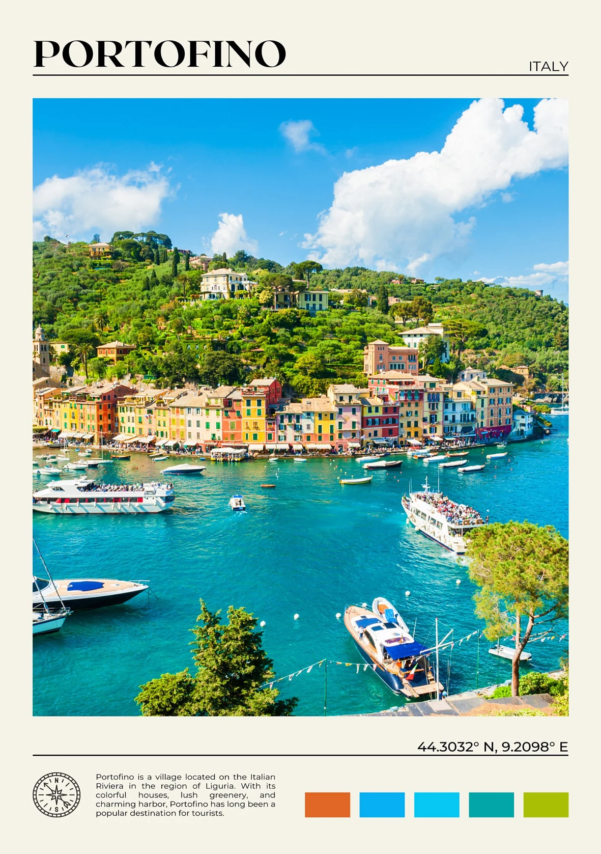 Plakat Włochy - sceneria Como, Sycylii i Portofino żółty