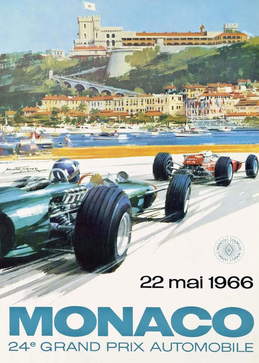 Plakat wyścigowy Monaco Grand Prix w stylu retro Biały