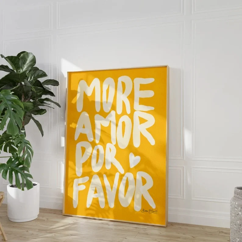Plakat maksymalistyczny z napisem More Amor Por Favor Biały