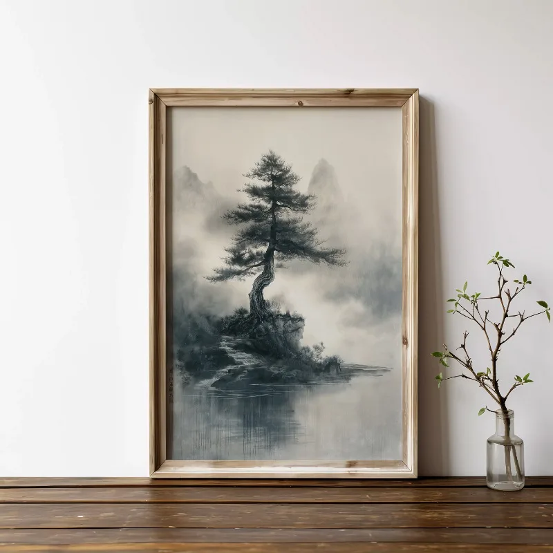 Plakat zen bonsai - japoński minimalizm Burgundia