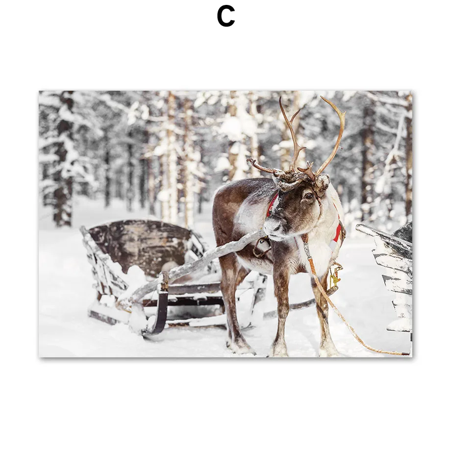 Plakat zimowy - czerwony domek, renifer i sosny Czerwony