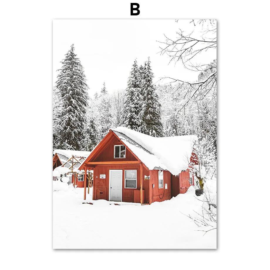 Plakat zimowy - czerwony domek, renifer i sosny żółty