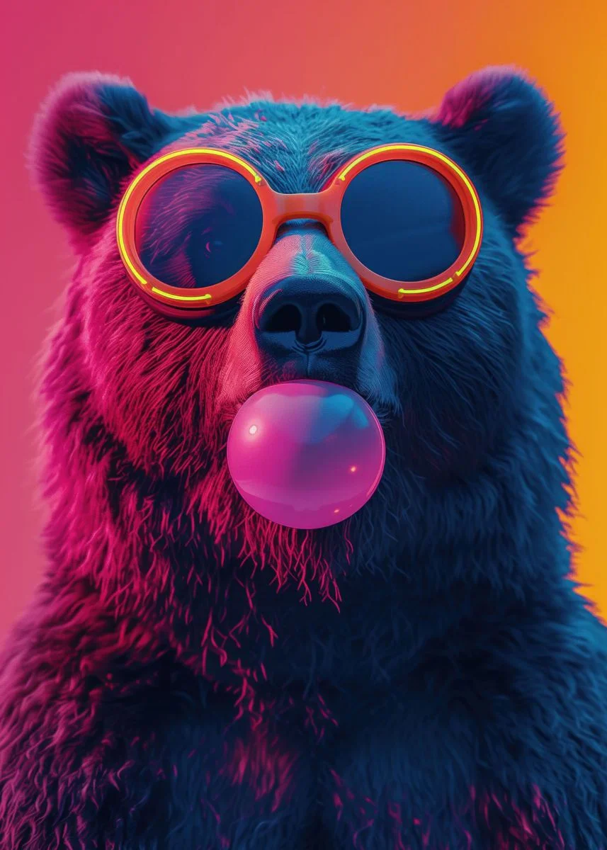 Zwierzęta z gumą balonową - kolorowy plakat śliwka