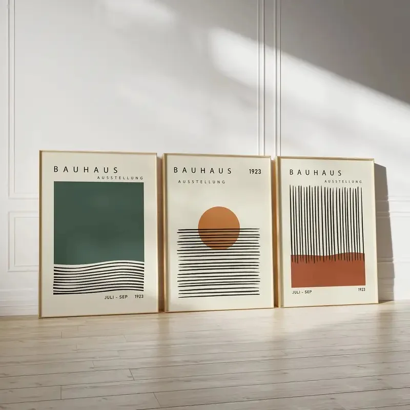 Plakaty Bauhaus geometryczne pomarańcz i beż zestaw 3 Biały
