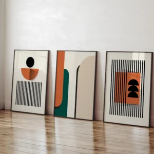 Plakaty Bauhaus geometryczne pomarańcz i beż zestaw 3 Niebieski