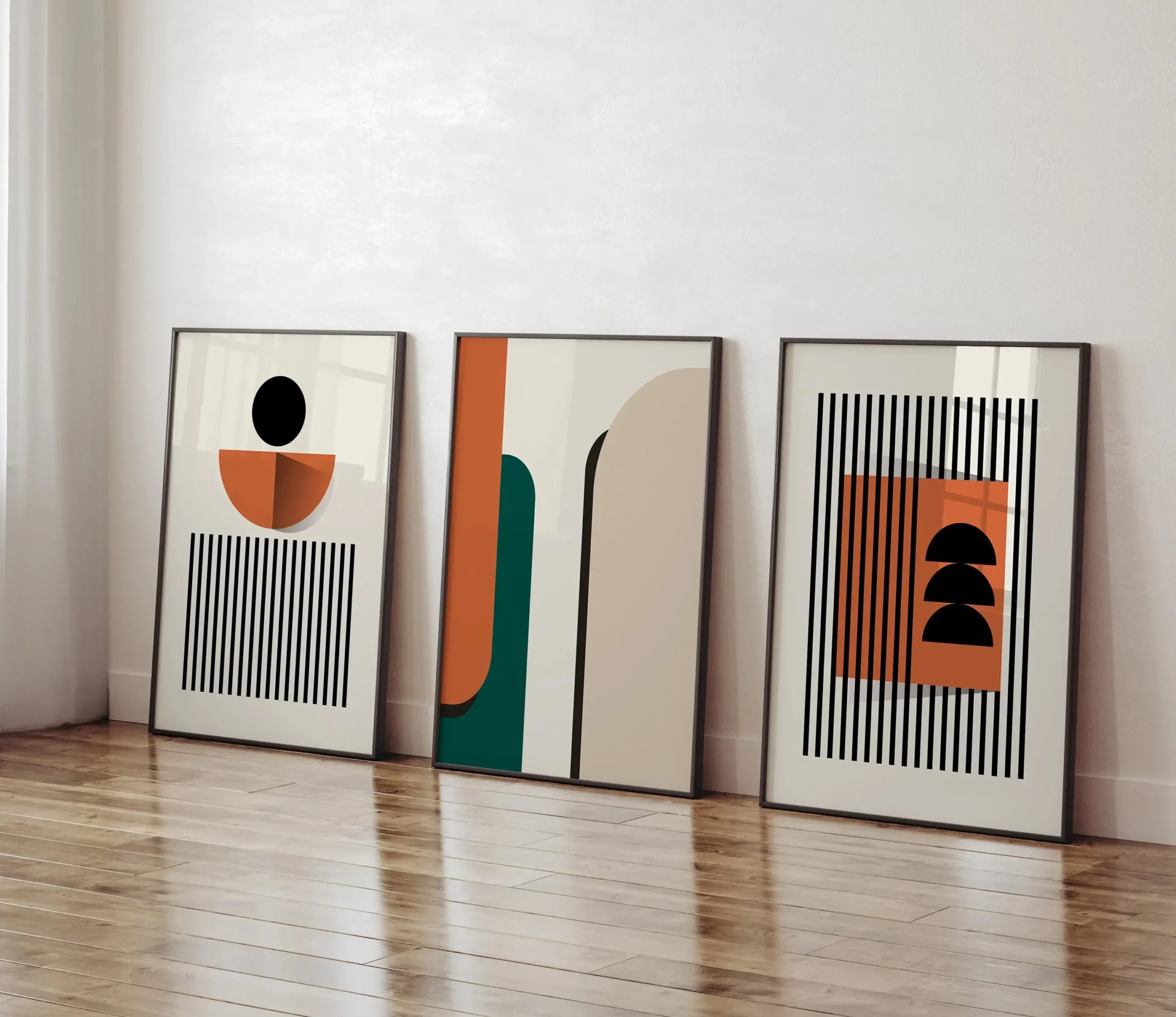 Plakaty Bauhaus geometryczne pomarańcz i beż zestaw 3 Niebieski