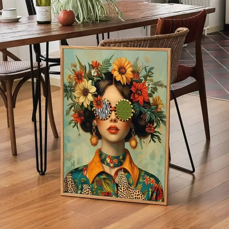 Boho zestaw plakatów z kobietą w okularach i motylem Fioletowy