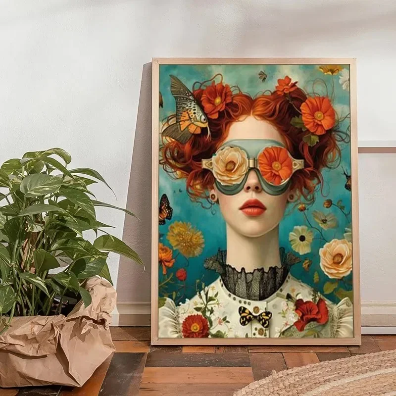 Boho zestaw plakatów z kobietą w okularach i motylem Jasnoszary