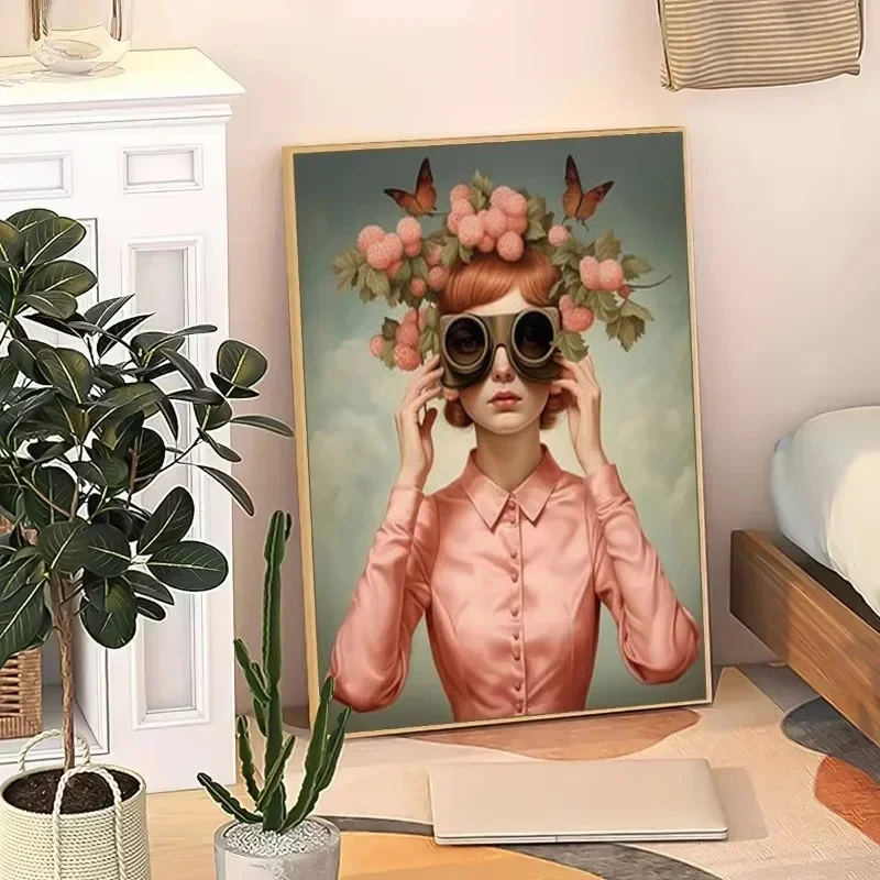 Boho zestaw plakatów z kobietą w okularach i motylem żółty