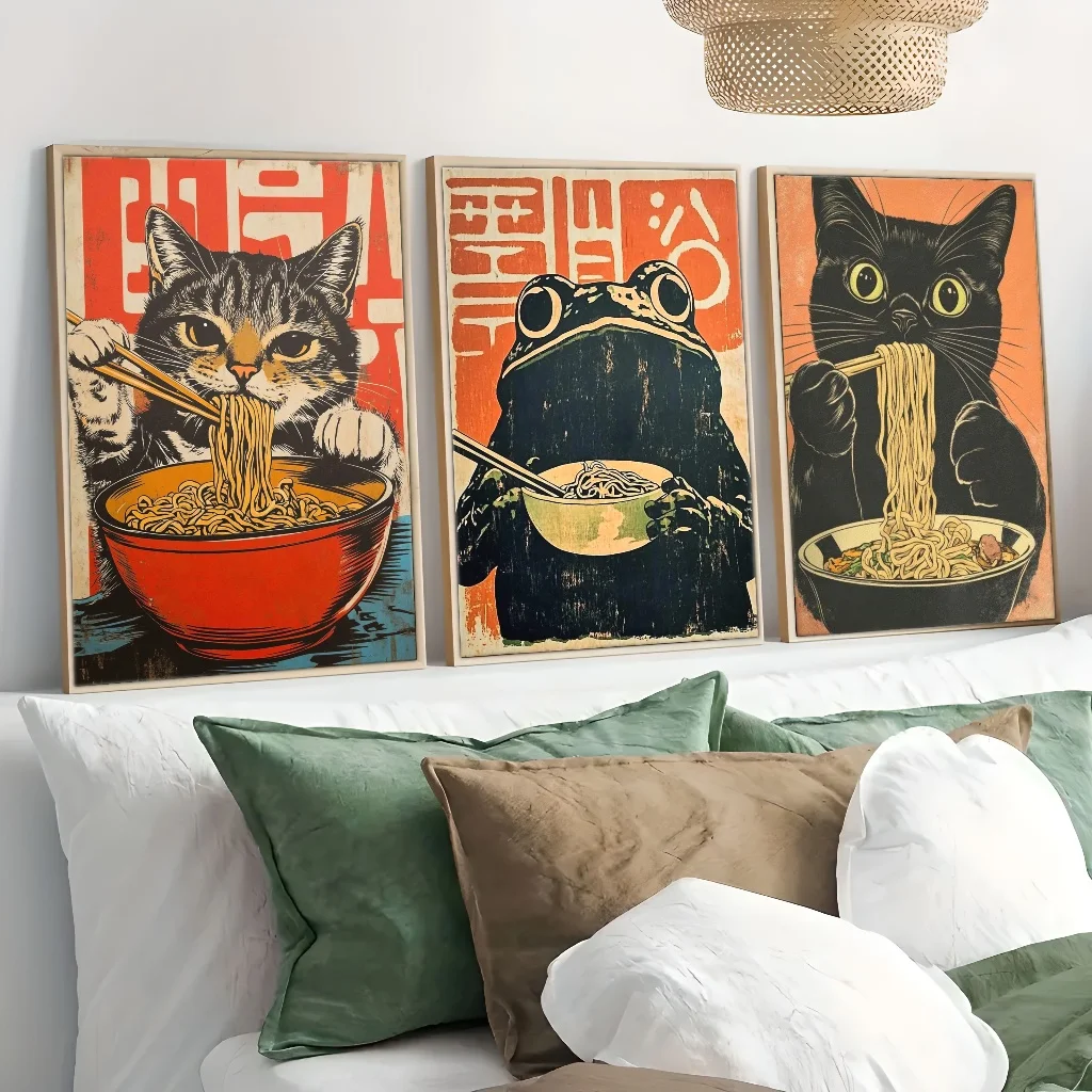 Zestaw plakatów - czarny kot i żaba jedzą ramen, japoński retro Wzór 1