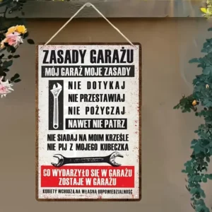 Tabliczka Reguły Garażu - Vintage Metalowy Szyld Biały