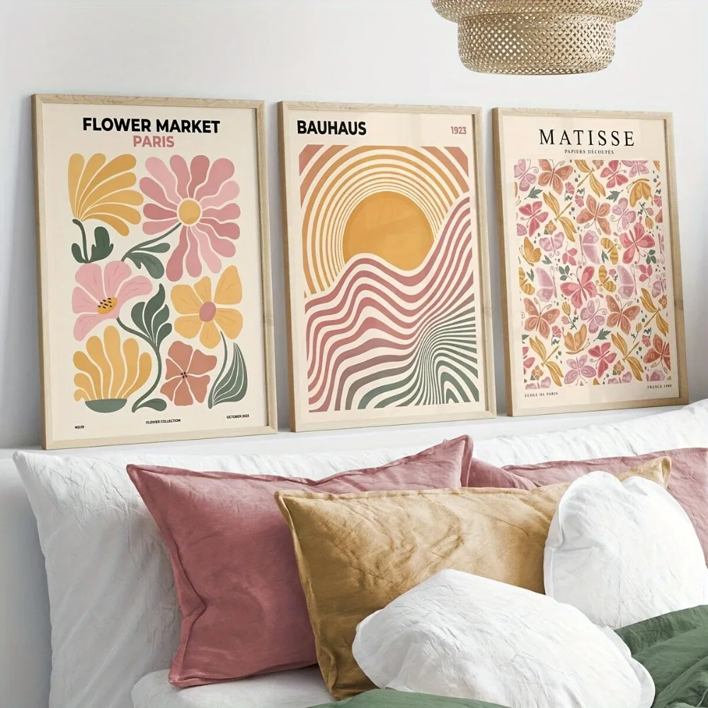 Tryptyk boho z abstrakcyjnymi kwiatami w stylu Bauhaus Wzór 1