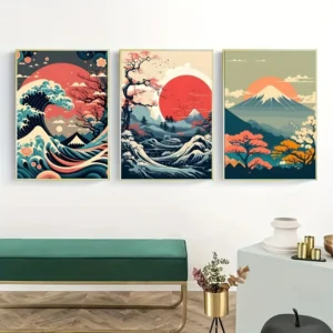 Tryptyk japońskie fale i góra Fuji w stylu retro Wzór 1