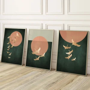 Tryptyk żurawie sage green w stylu japandi Wzór 1