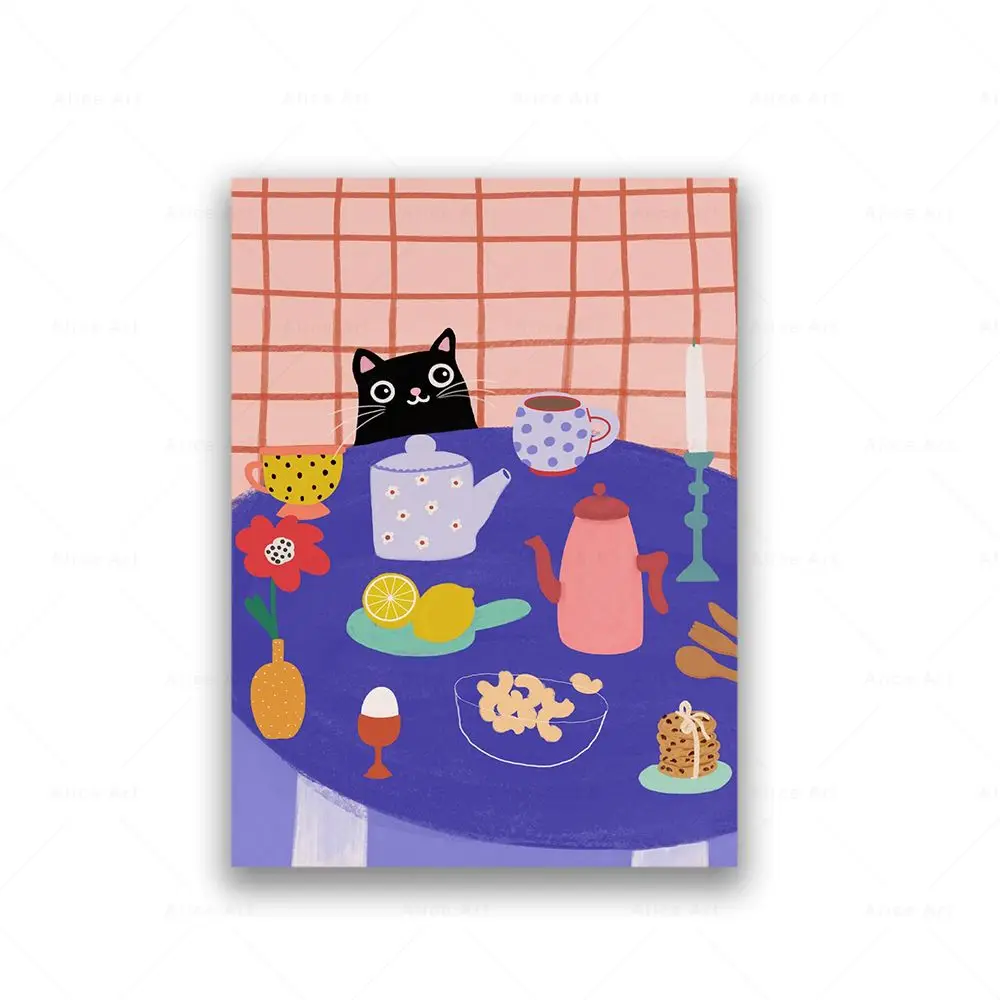 Zabawny plakat kuchenny - Kot, kawa i desery Fioletowy/фиолетовый