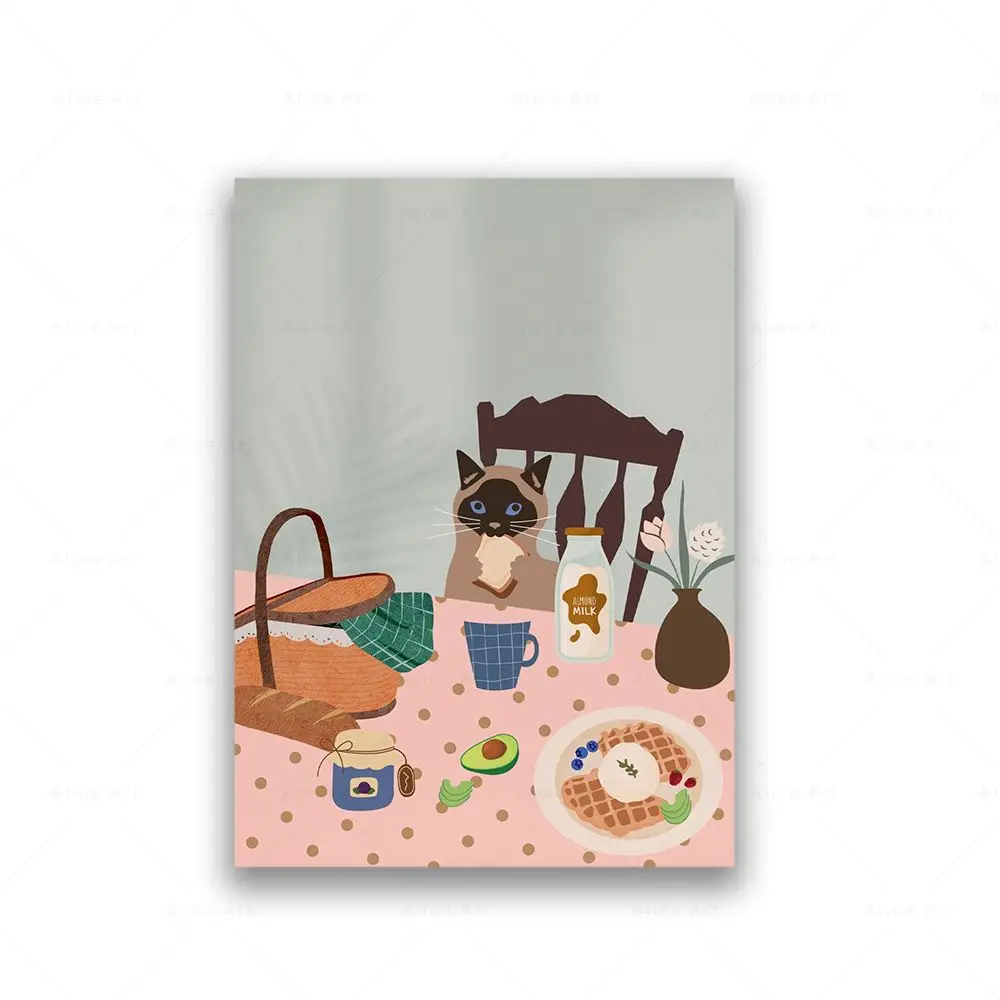 Zabawny plakat kuchenny - Kot, kawa i desery Jasnoszary