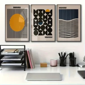 Zestaw 3 plakatów geometrycznych Bauhaus Burgundia