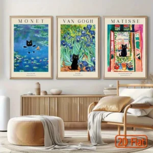 Zestaw 3 plakatów - Monet, Van Gogh, Matisse z kotami Biały