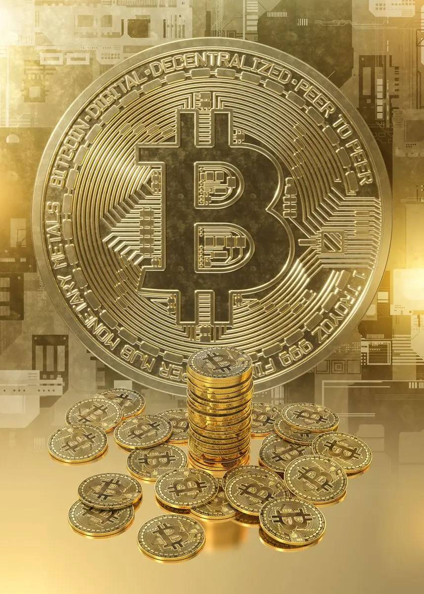 Abstrakcyjny złoty Bitcoin - plakat Burgundia
