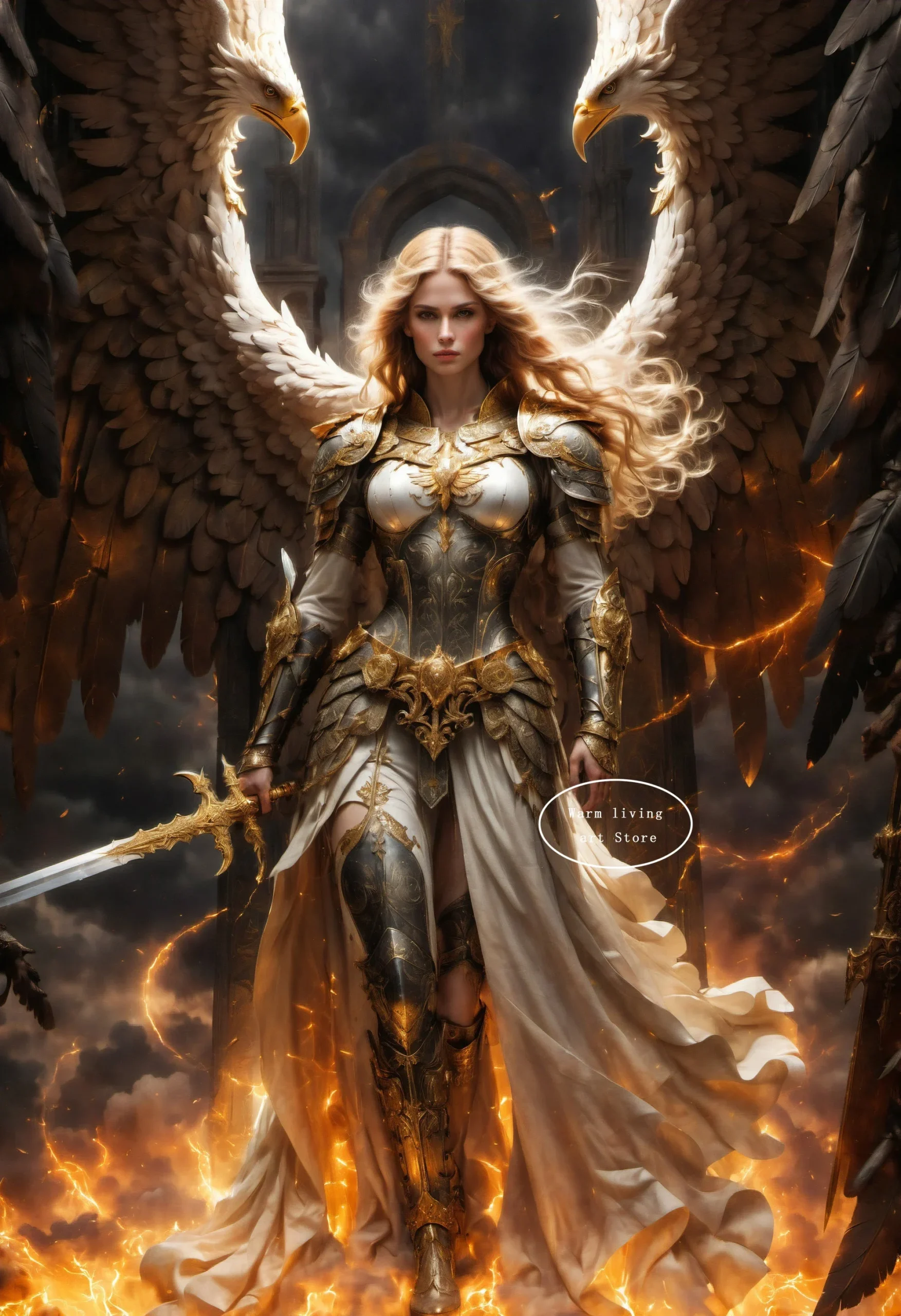 Anioł ze złotymi skrzydłami – plakat fantasy Granatowy