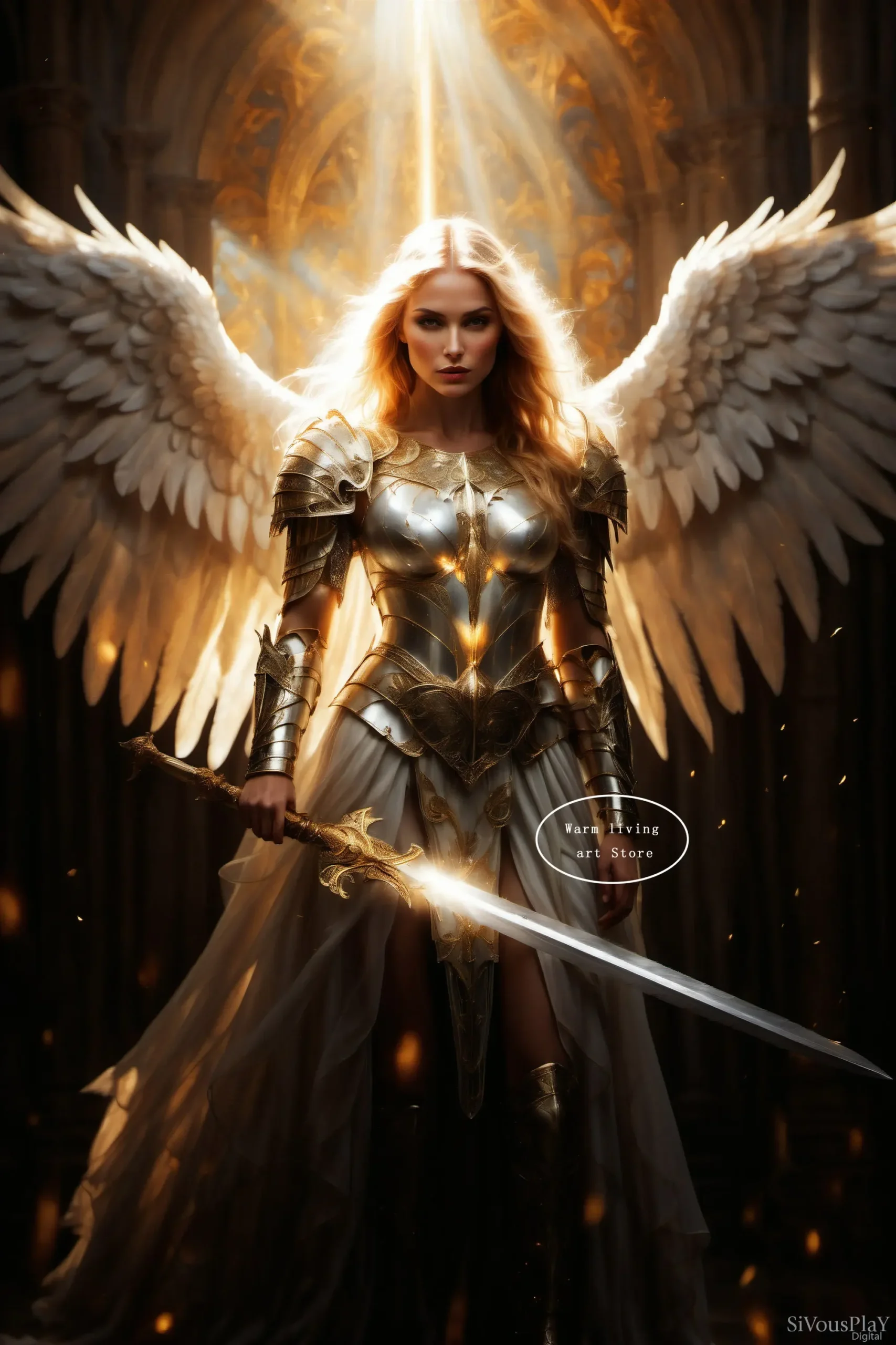 Anioł ze złotymi skrzydłami – plakat fantasy Jasnoszary