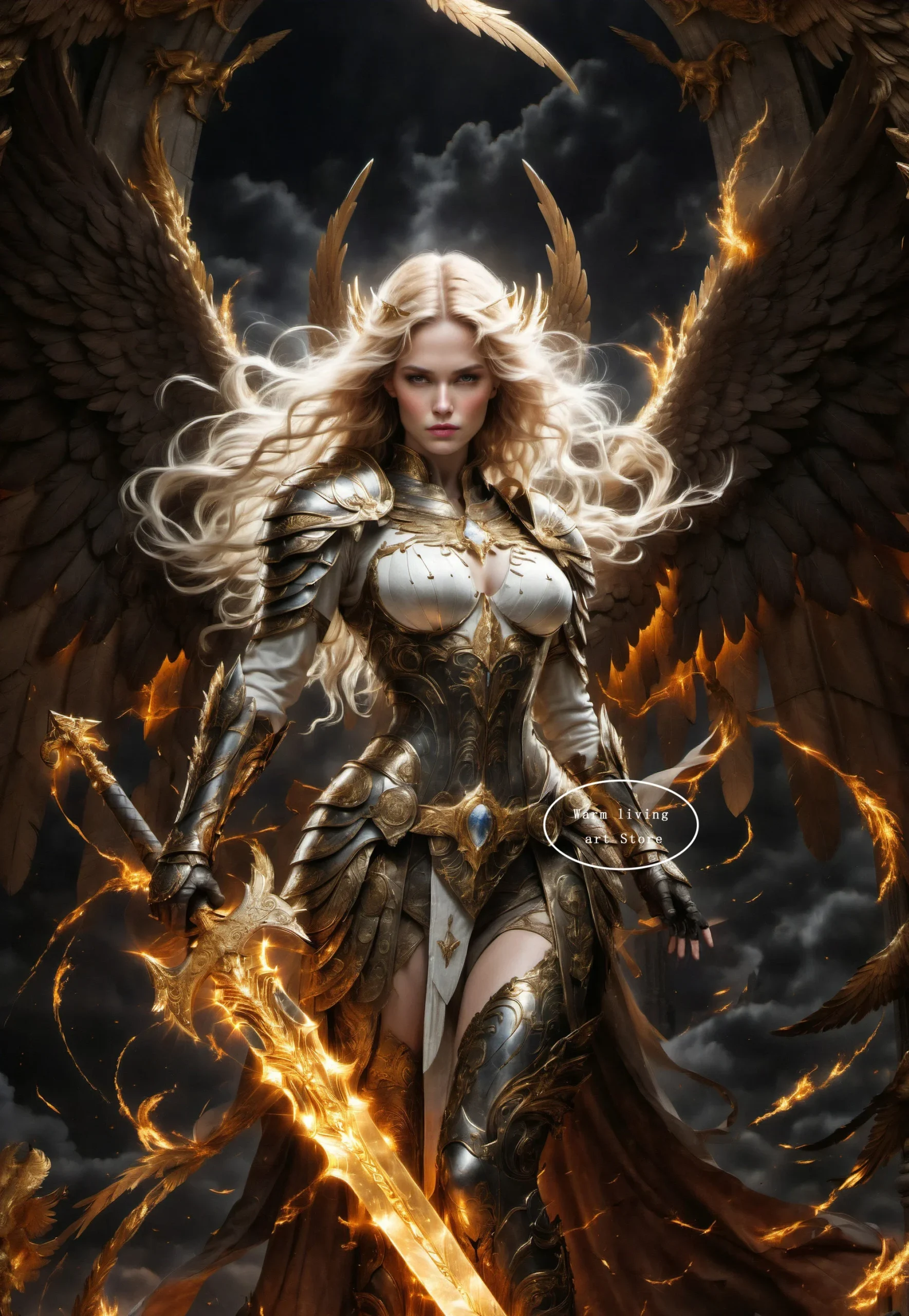 Anioł ze złotymi skrzydłami – plakat fantasy Jasnozielony