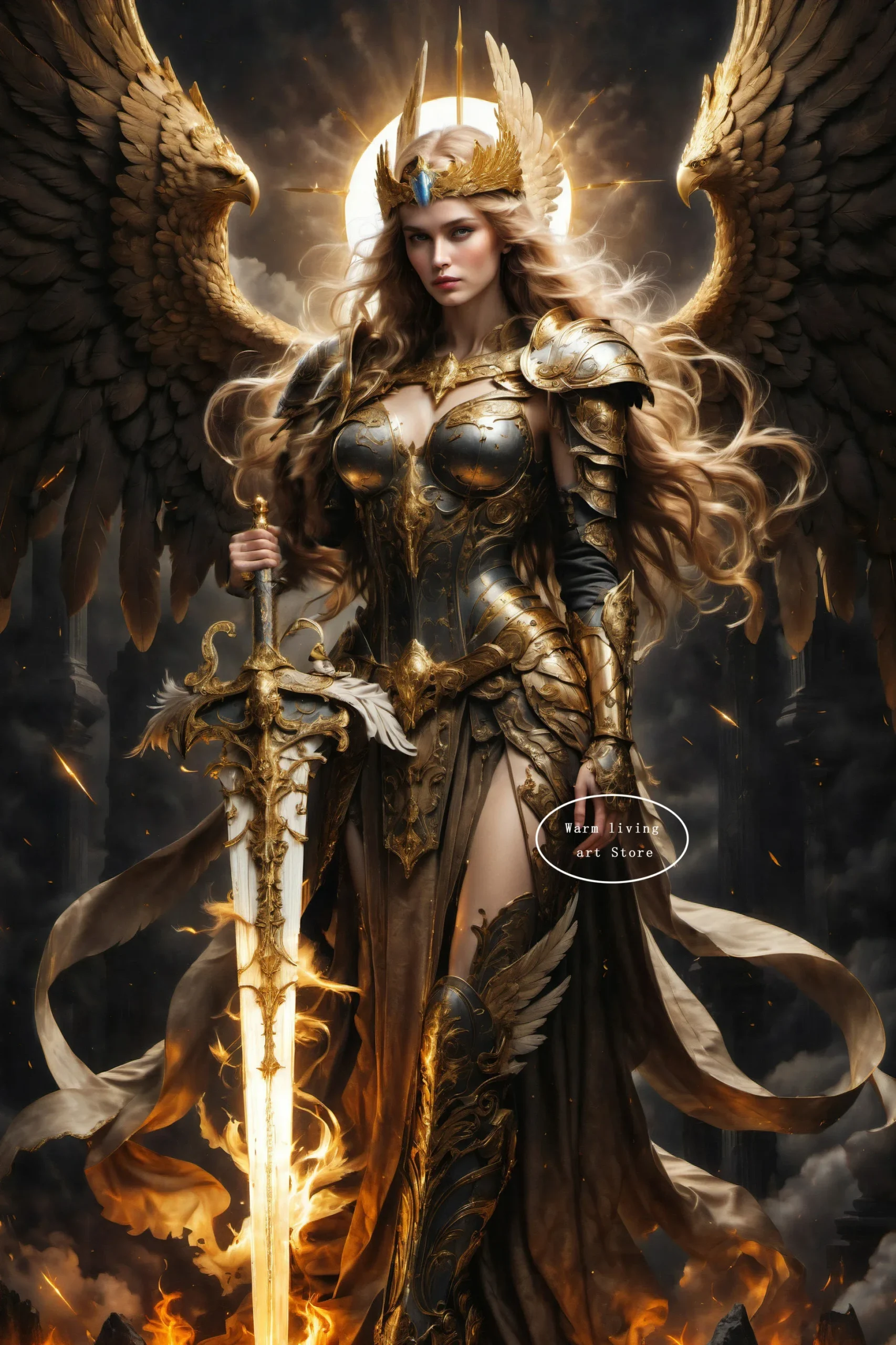 Anioł ze złotymi skrzydłami – plakat fantasy Jasnożółty