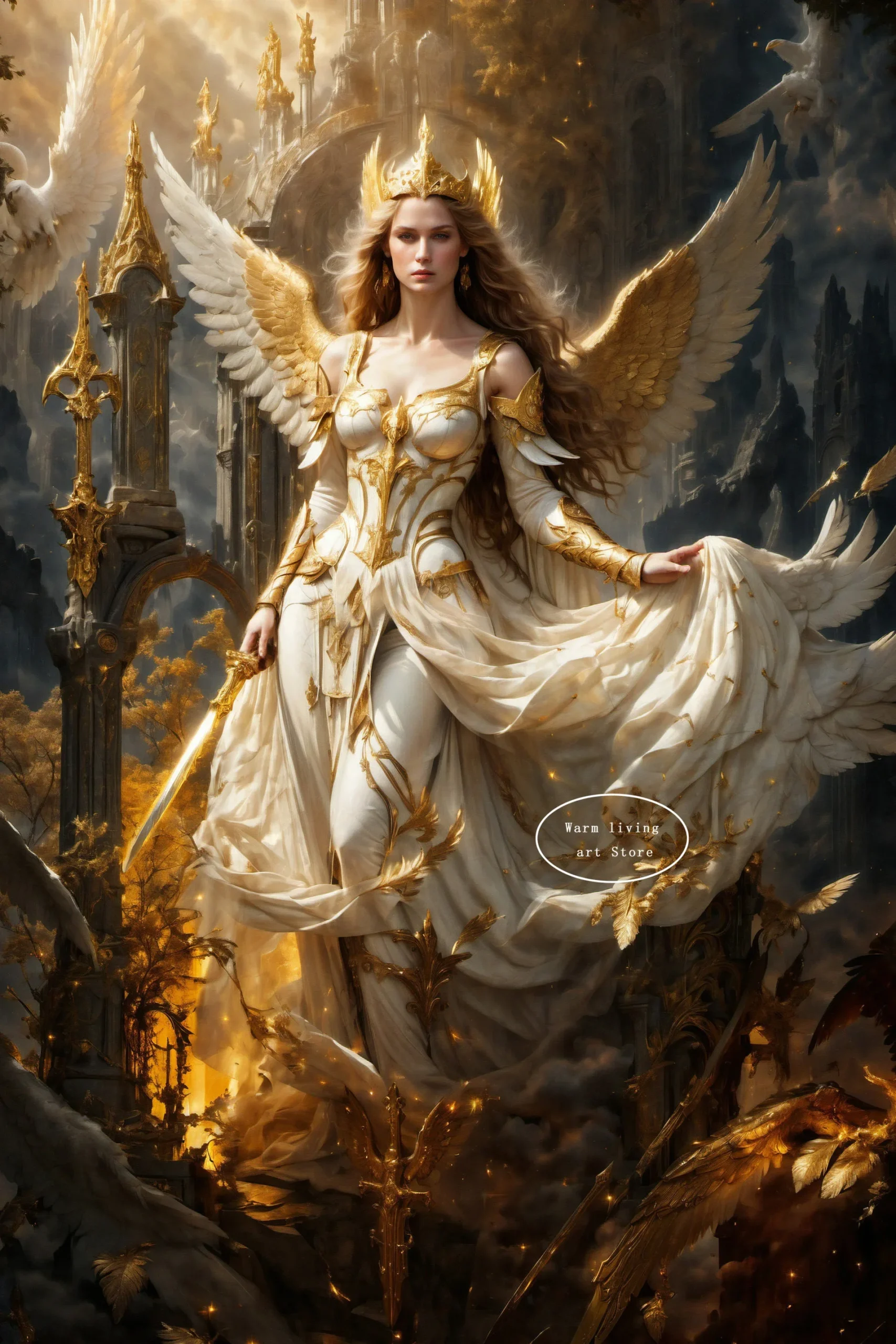 Anioł ze złotymi skrzydłami – plakat fantasy Pomarańczowy