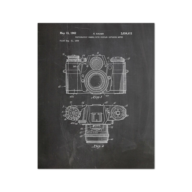 Aparat retro blueprint - plakat vintage dla fotografa żółty