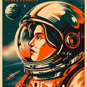 Astronauci i rakiety - vintage plakat kosmiczny Jasnoszary
