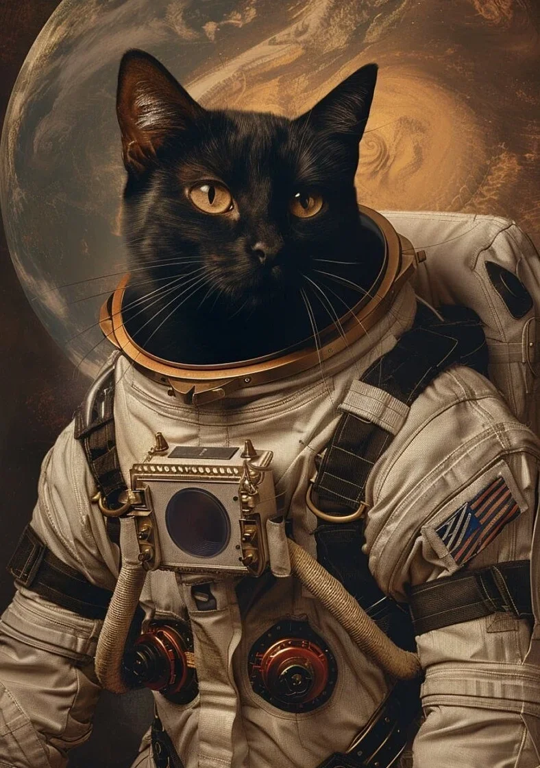 Astronauta i koty w kosmosie - plakat vintage Czarny