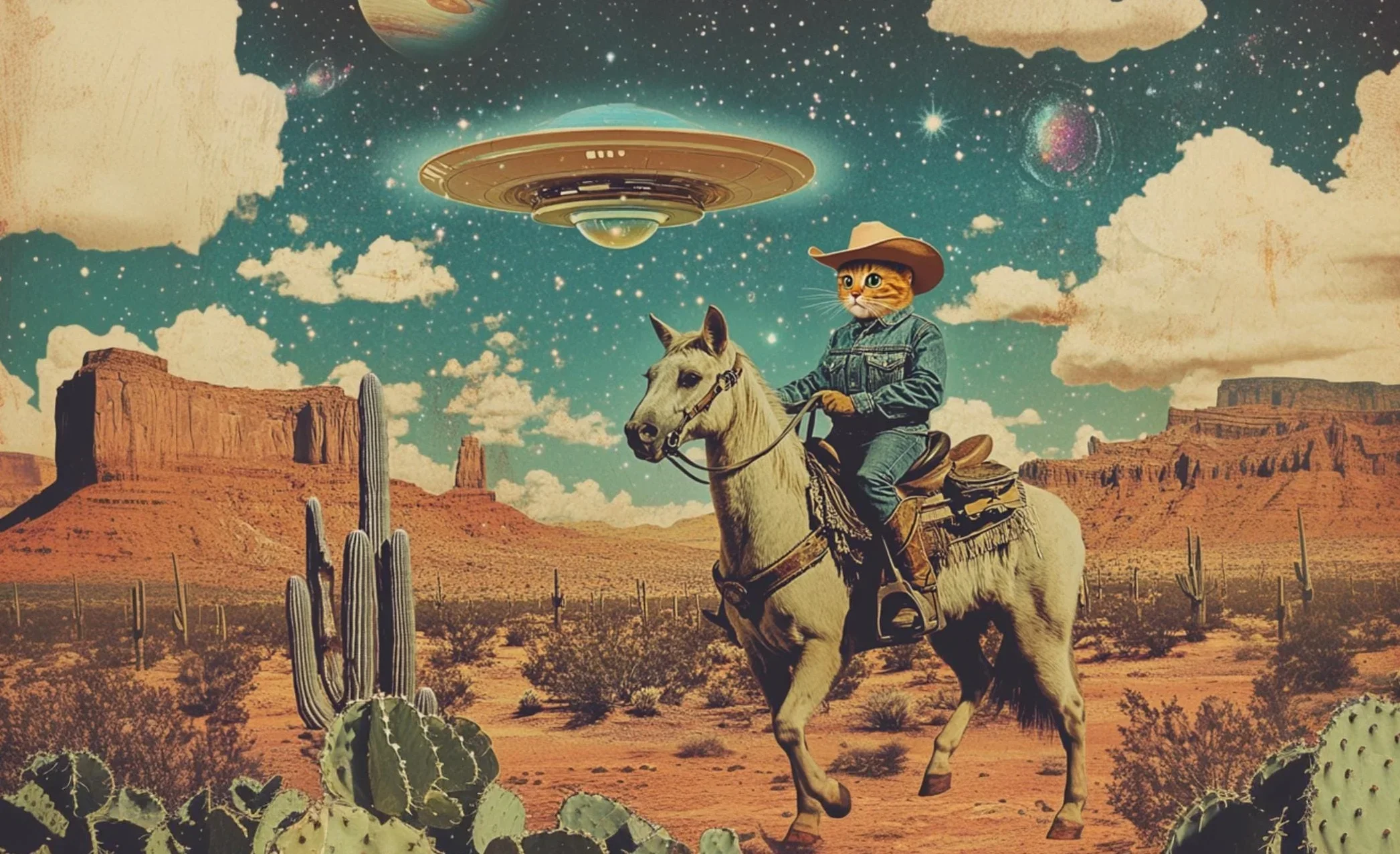 Astronauta i koty w kosmosie - plakat vintage Czerwony