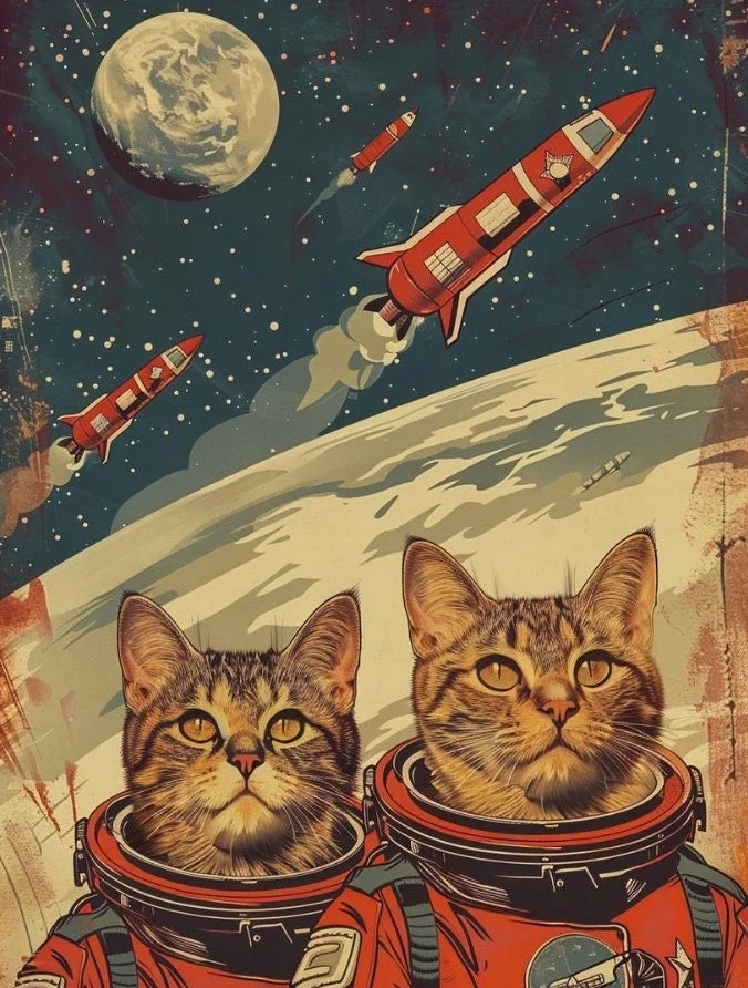 Astronauta i koty w kosmosie - plakat vintage Fioletowy