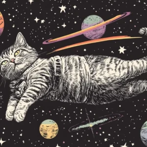 Astronauta i koty w kosmosie - plakat vintage Fioletowy/фиолетовый