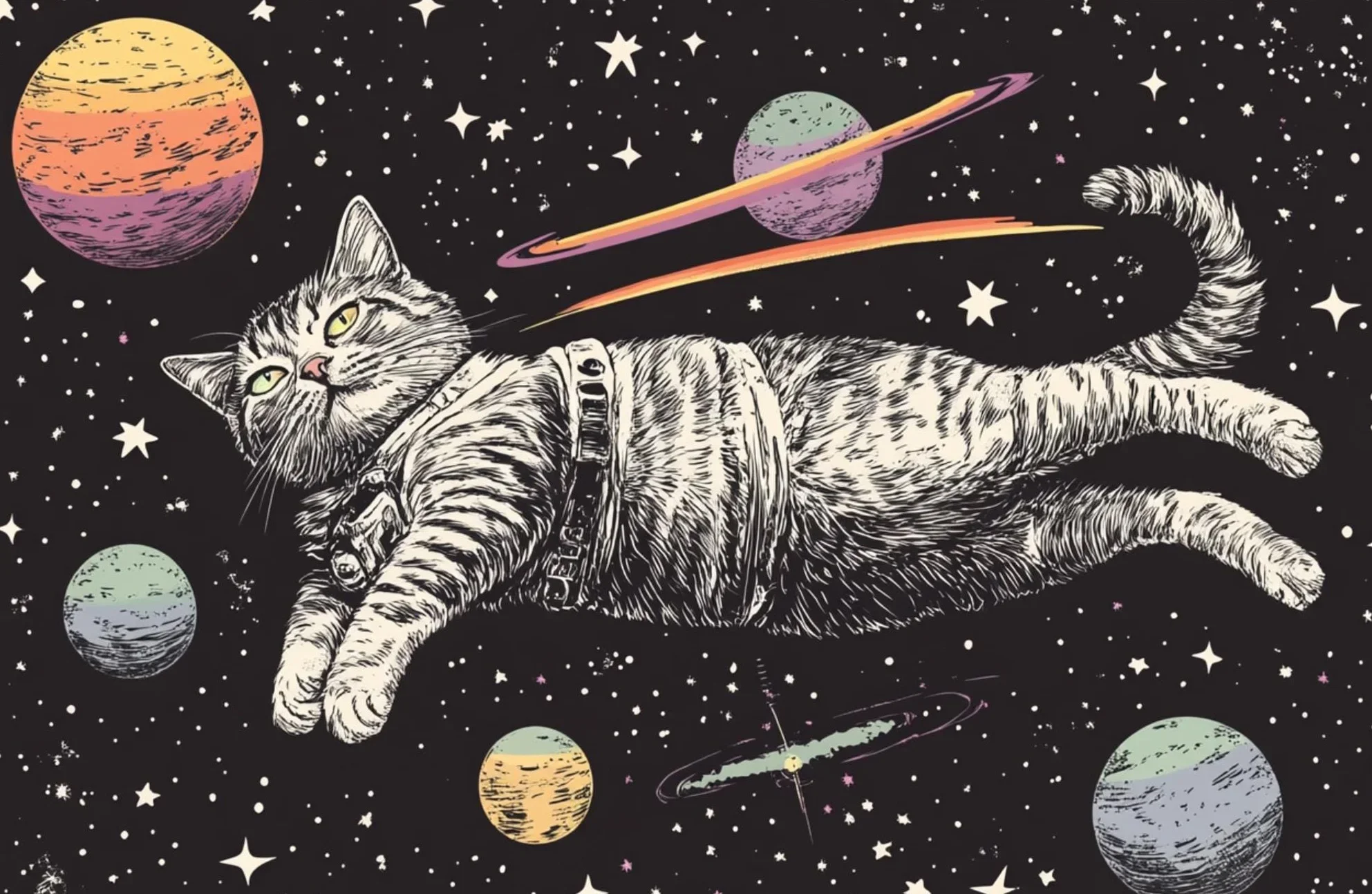 Astronauta i koty w kosmosie - plakat vintage Fioletowy/фиолетовый