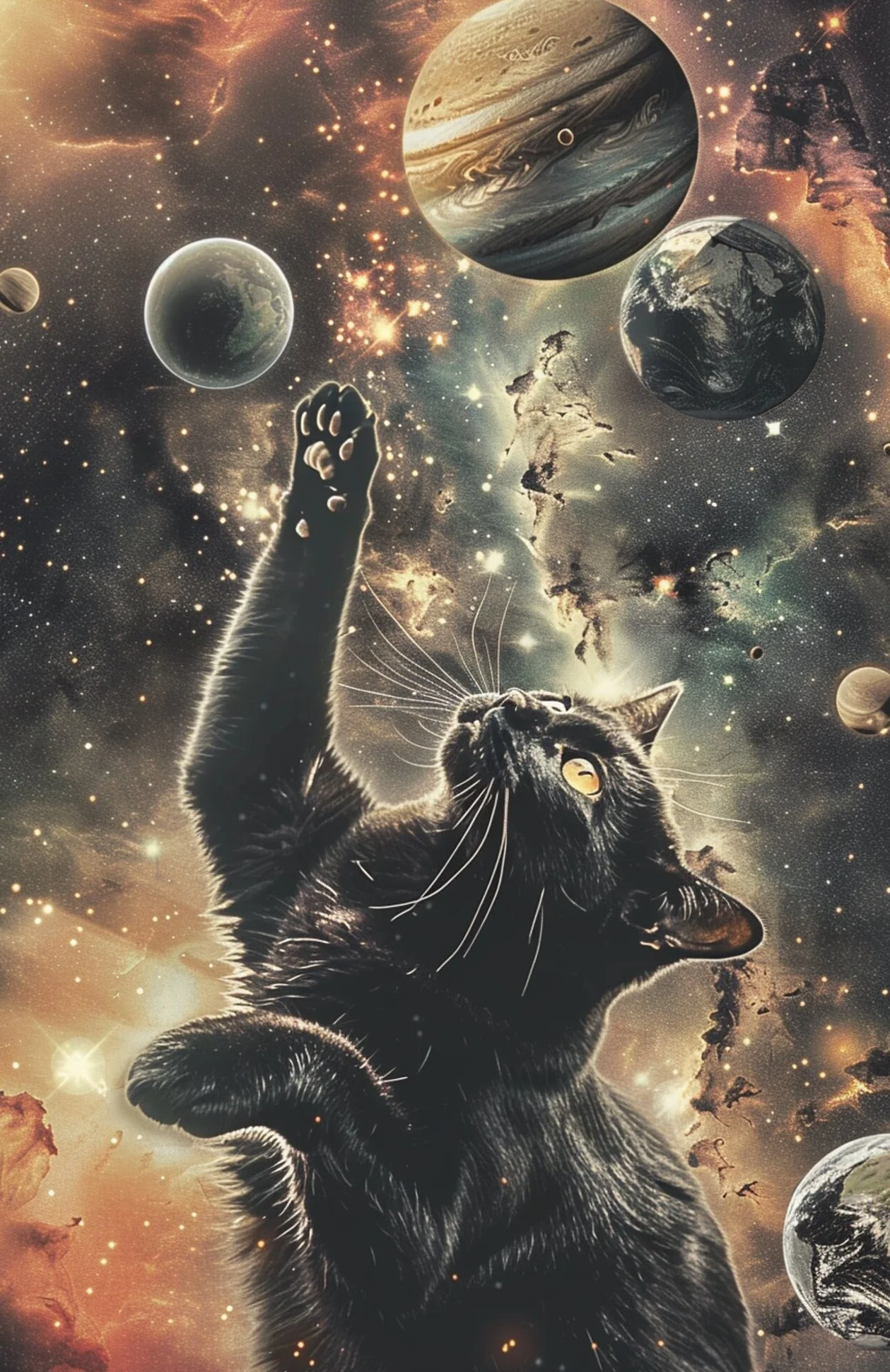Astronauta i koty w kosmosie - plakat vintage Granatowy