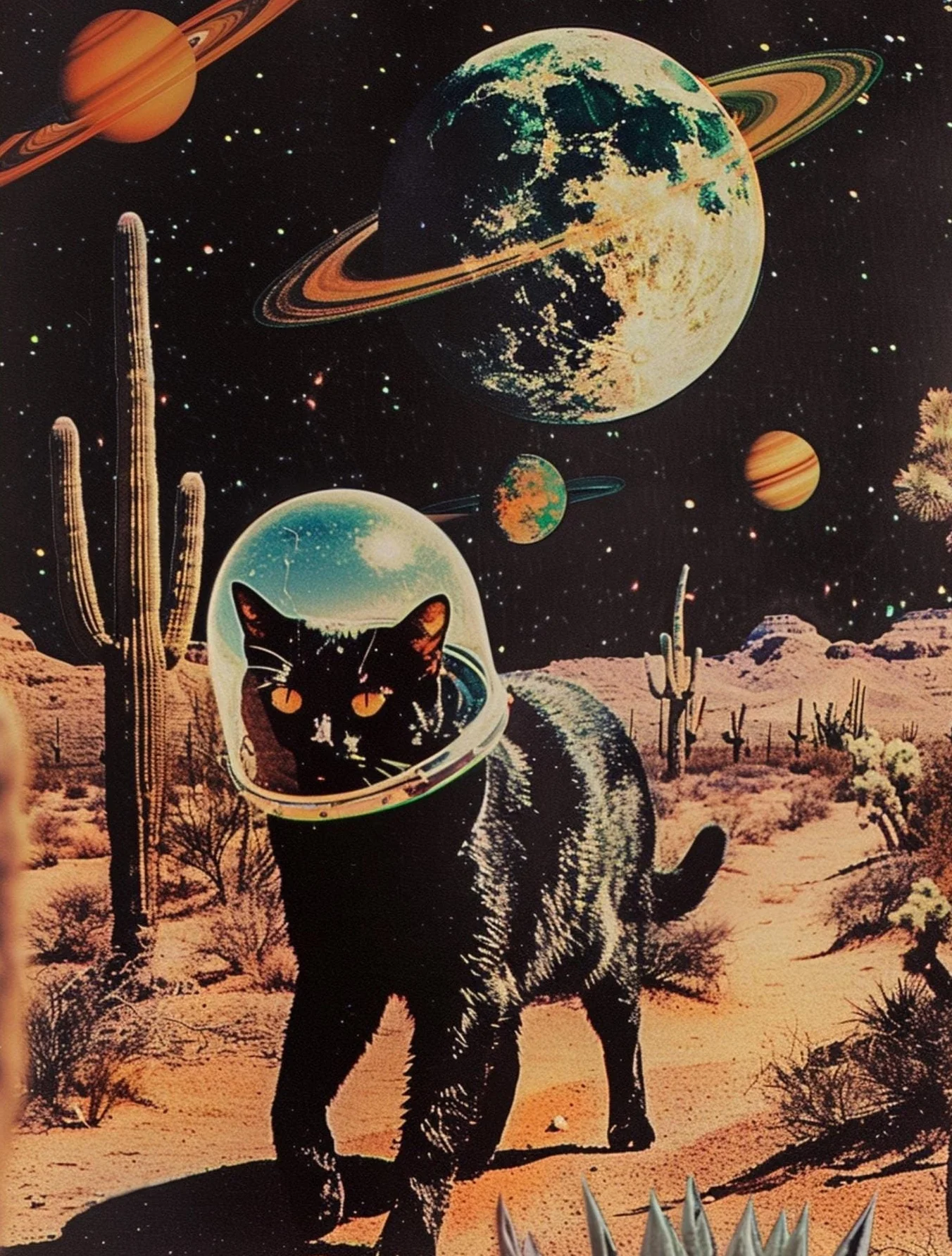 Astronauta i koty w kosmosie - plakat vintage Jasnozielony