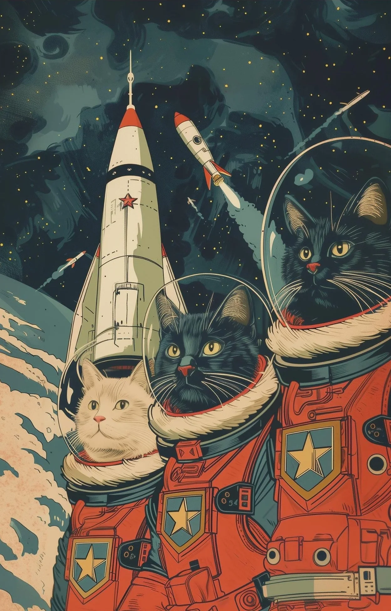 Astronauta i koty w kosmosie - plakat vintage Jasnożółty