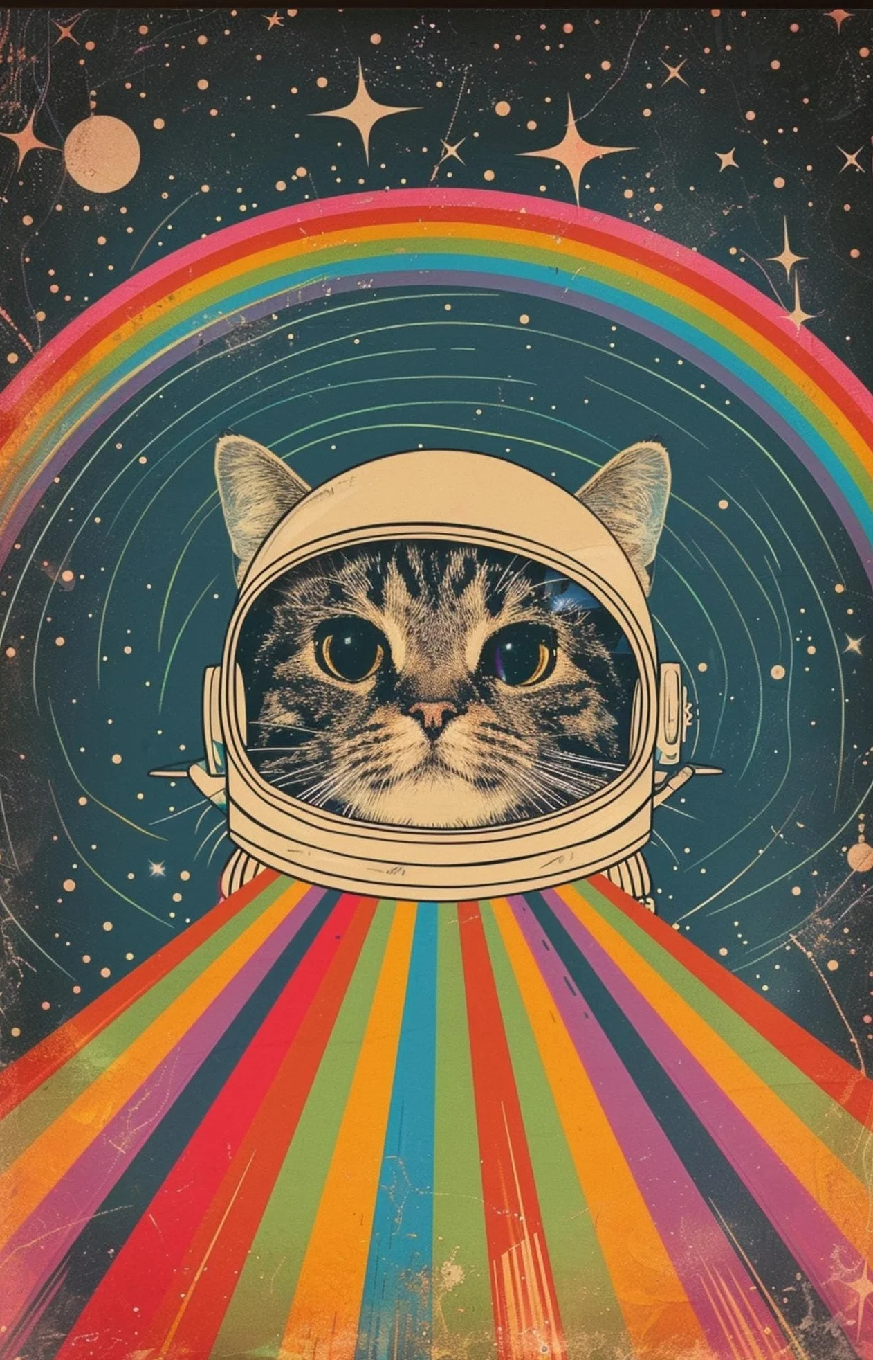 Astronauta i koty w kosmosie - plakat vintage Niebieski