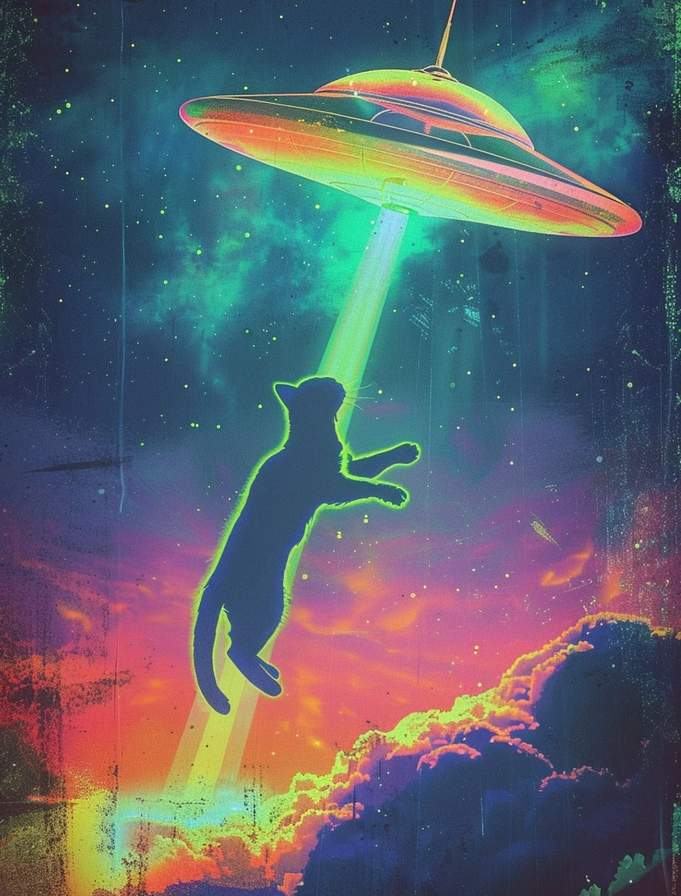 Astronauta i koty w kosmosie - plakat vintage Zielony