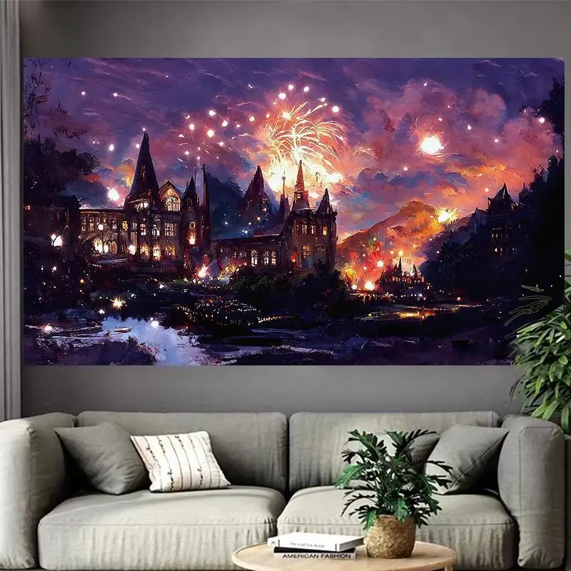 Baśniowy zamek nad jeziorem – plakat fantasy Armijna zieleń