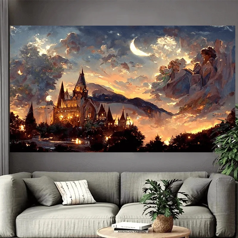 Baśniowy zamek nad jeziorem – plakat fantasy Ciemny szary