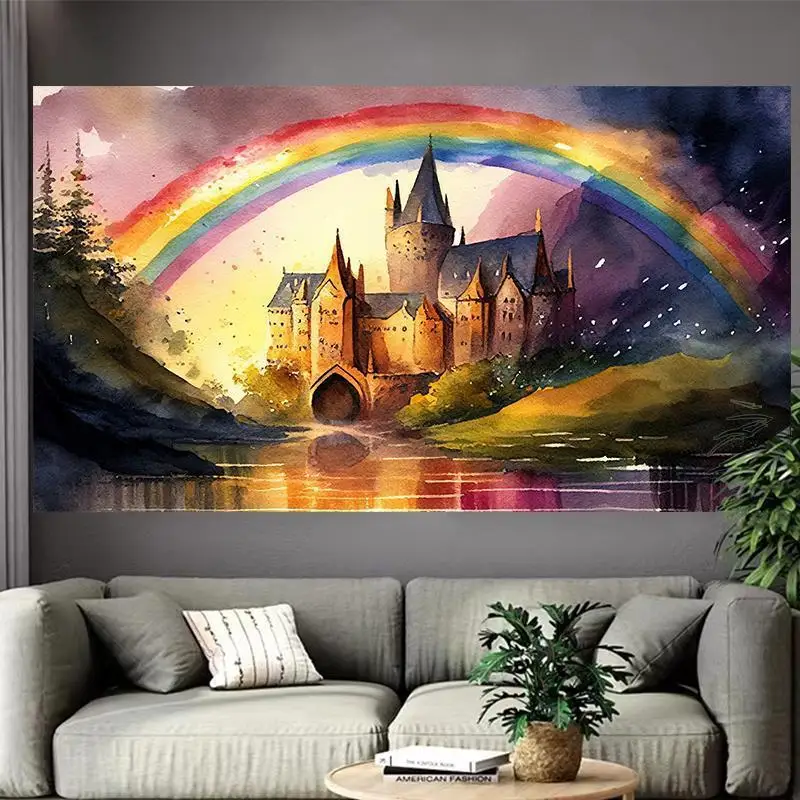 Baśniowy zamek nad jeziorem – plakat fantasy Czarny
