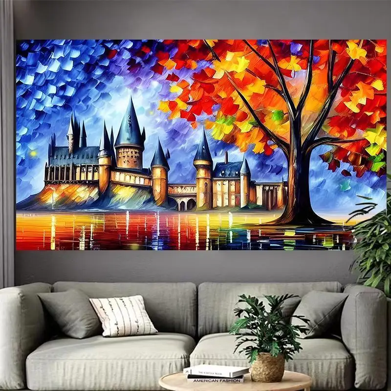 Baśniowy zamek nad jeziorem – plakat fantasy Głęboki fiolet